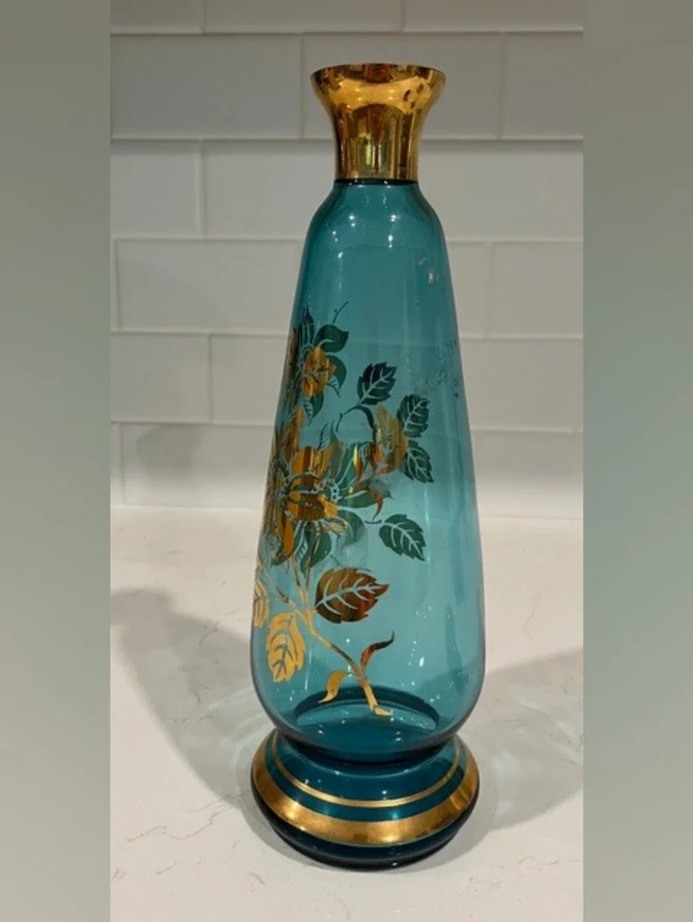 Vintage MCM Bohemian‎ Blue & Gold Gilded Liquor Decanter Set With 6 Glasses